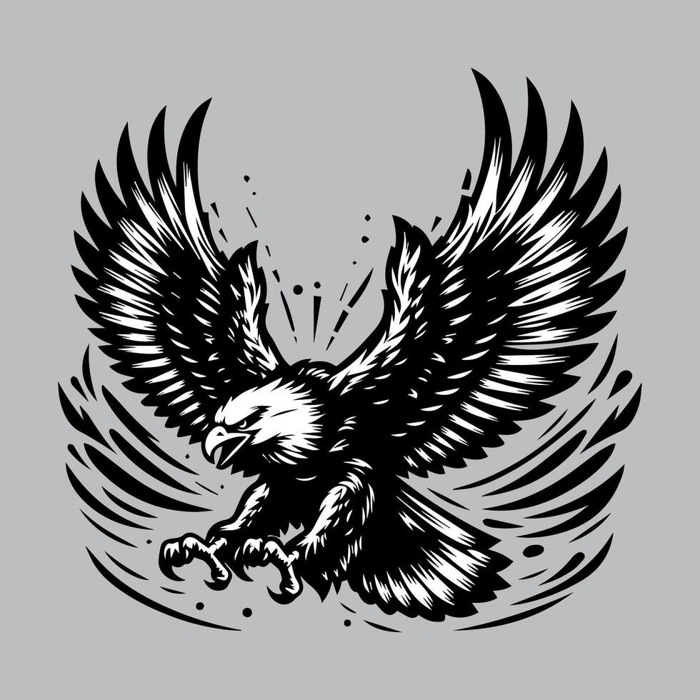 Eagle with wings spread, black and white illustration vector