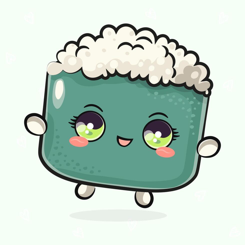 Cute funny jumping Sushi. hand drawn cartoon kawaii character illustration icon. Isolated on light green background. Red Sushi concept vector
