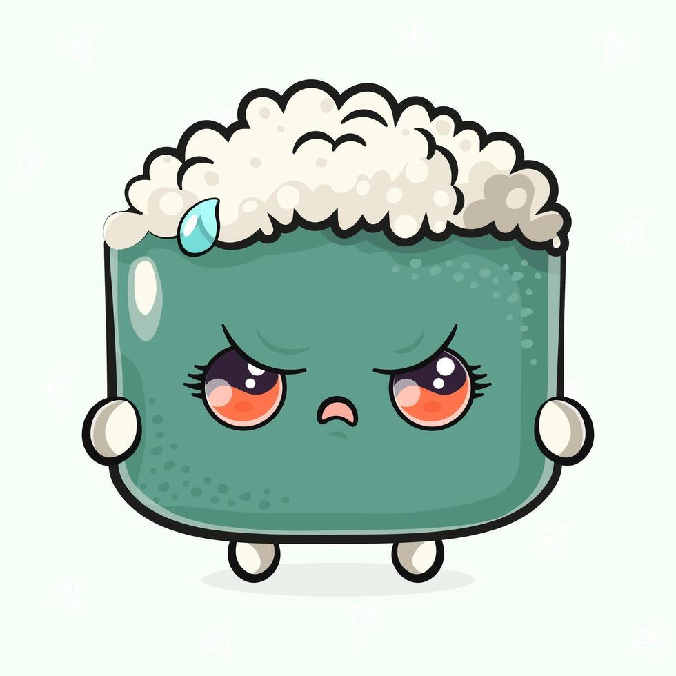 Cute angry Sushi character. hand drawn cartoon kawaii character illustration icon. Isolated on light green background. Sad Sushi character concept vector