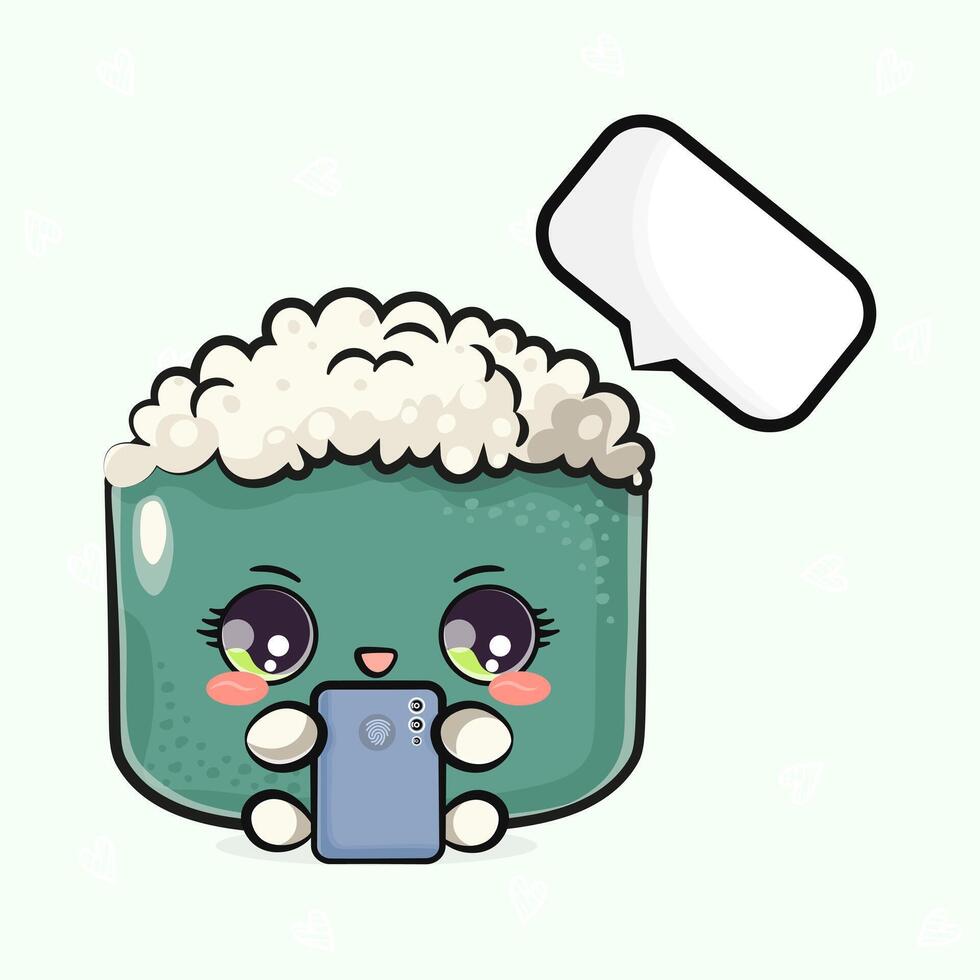 Sushi with a smartphone in hand. hand drawn cartoon kawaii character illustration icon. Isolated on light green background. Sushi character concept vector