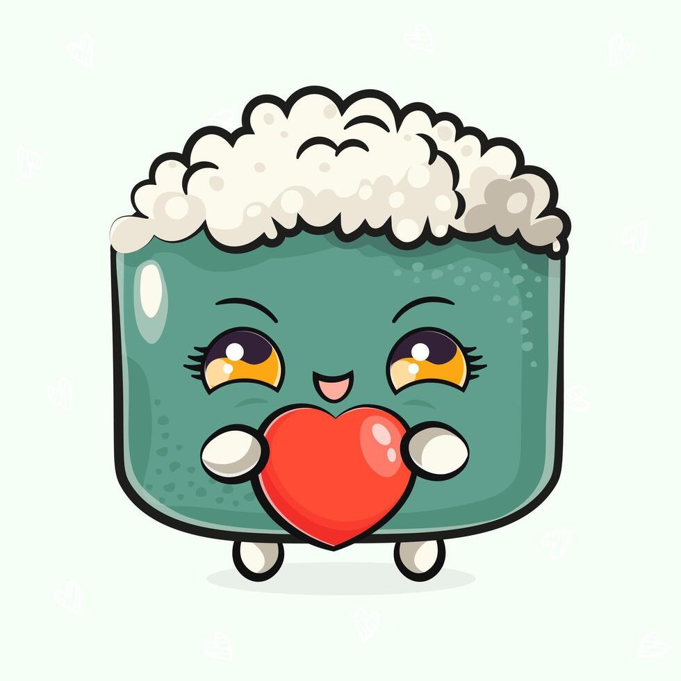 Cute funny Sushi with heart in hand. hand drawn cartoon kawaii character illustration icon. Isolated on light green background. Sushi character concept vector