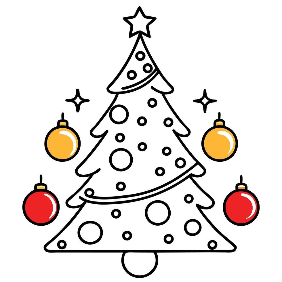 A close up of a christmas tree with red and gold baubles on it and blurry lights in the background. vector