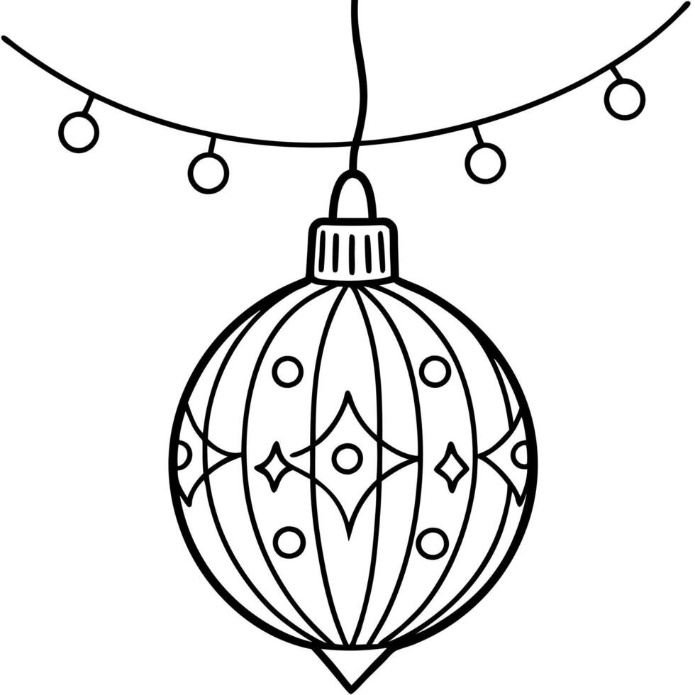 A gold christmas ornament hanging from a string with lights in the background. vector