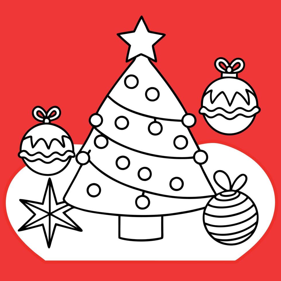 Mockup poster christmas tree and decorations with red background vector