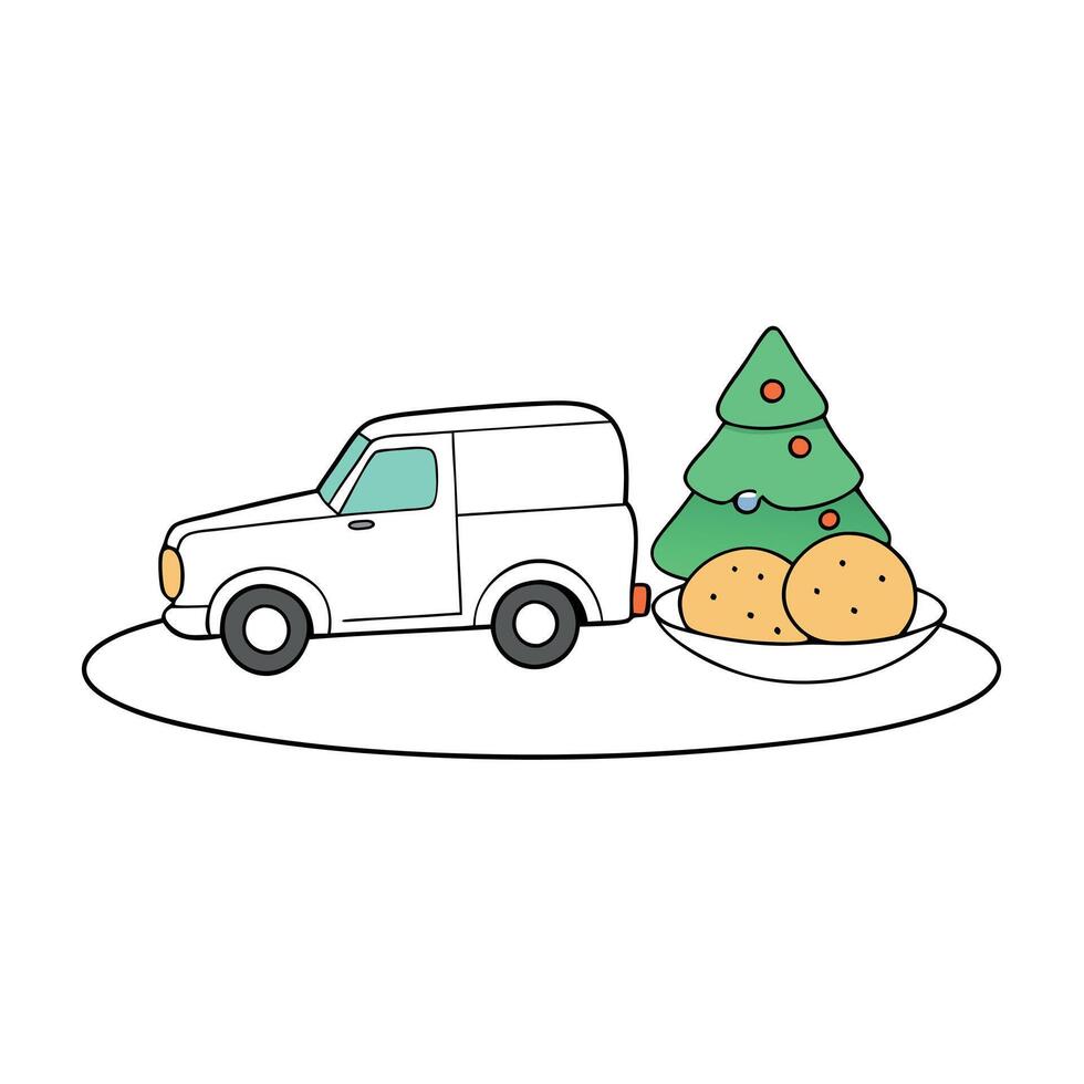 A cute White Truck and Christmas Tree cookies on a plate. Festive atmosphere. Horizontal. side view vector