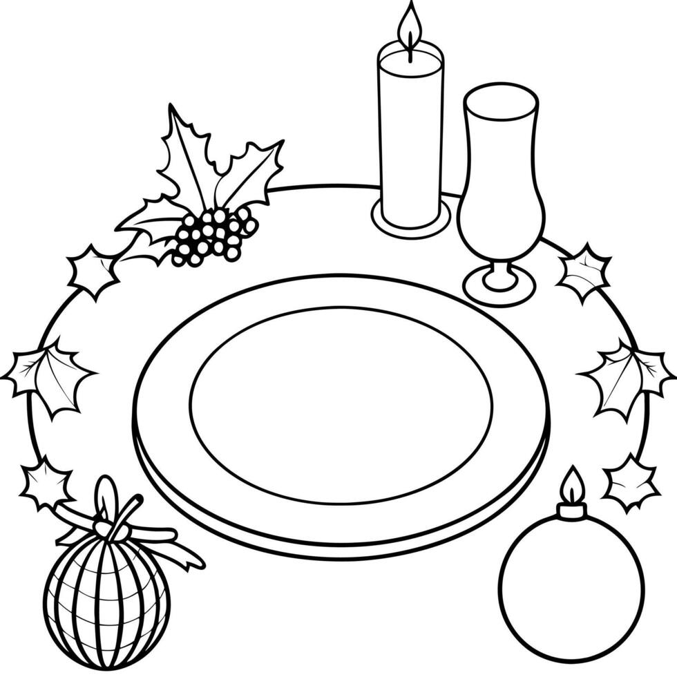 Christmas dinner meal table setting with a blank plate and Christmas decorations vector