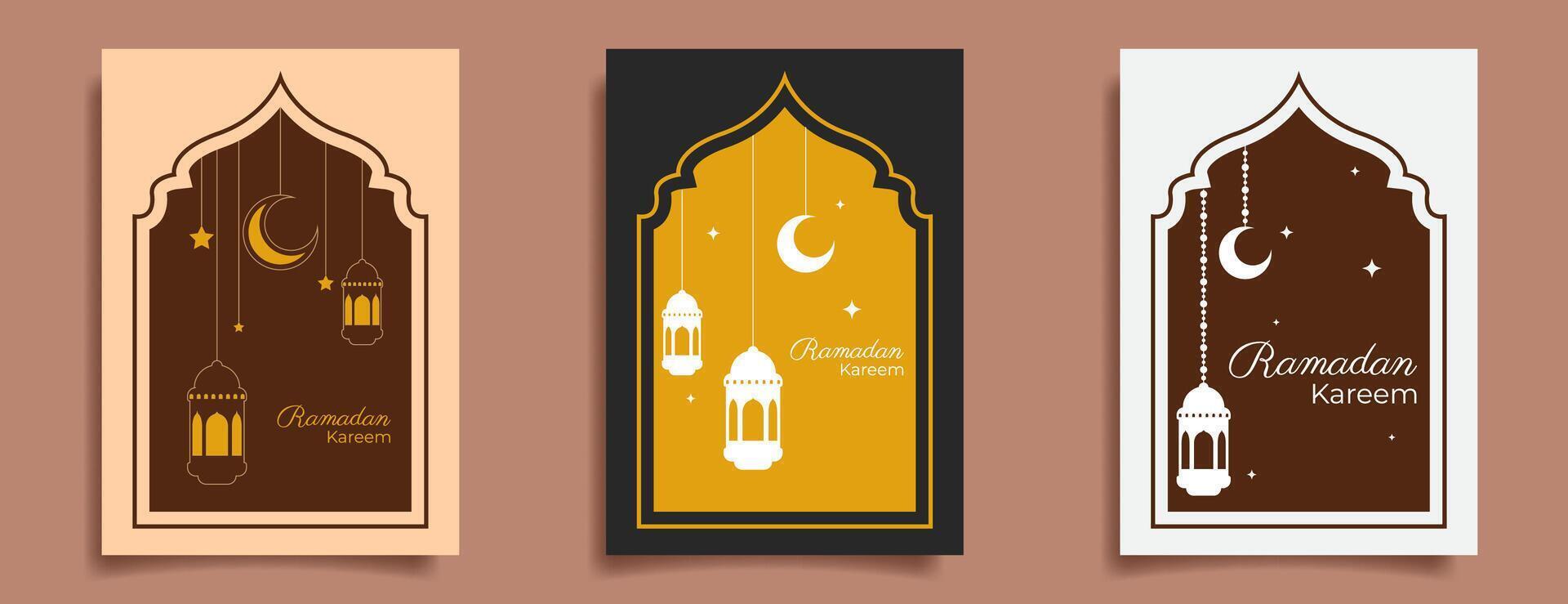ramadan kareem card set with lantern, crescent and stars. islamic illustration vector
