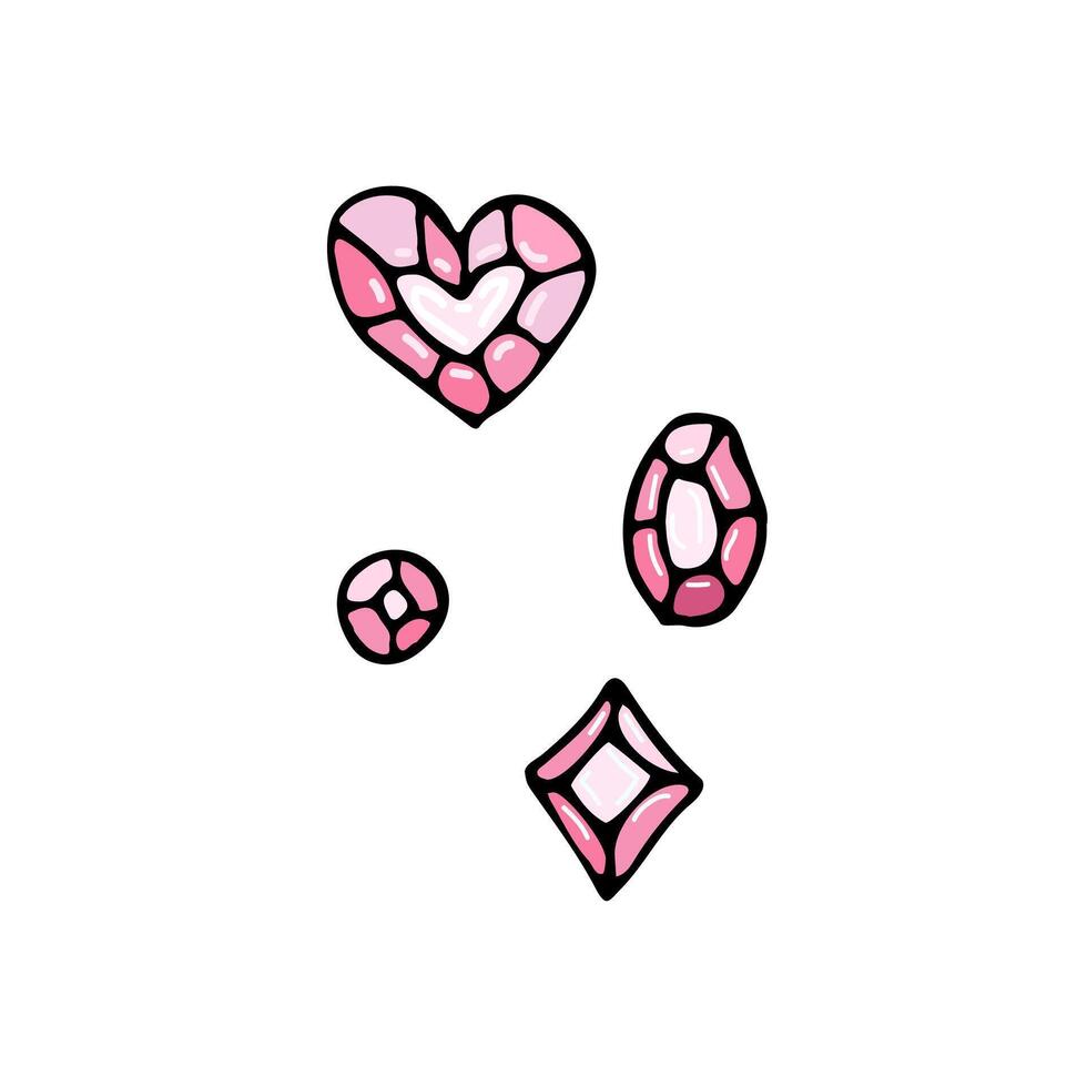 A collection of sparkling pink gemstones, including heart and diamond shapes. Ideal for jewelry, romance, or luxury-themed projects. Bright and elegant design vector