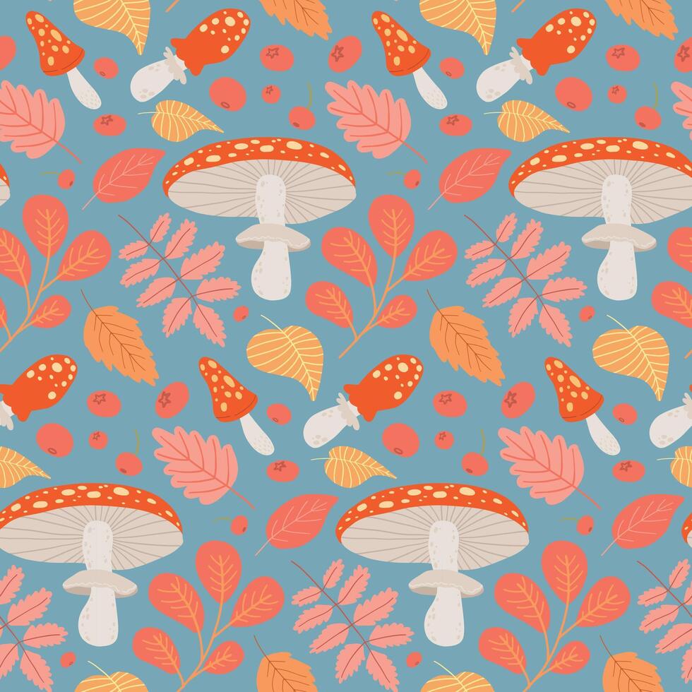 Playful forest-inspired pattern with mushrooms, leaves, and berries in red, orange, and yellow, ideal for autumn backgrounds, nature decor, and botanical-themed projects vector