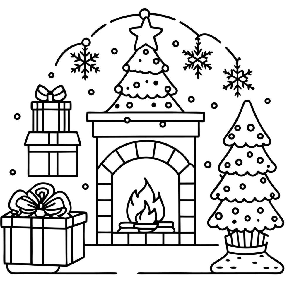 Mysterious Christmas interior with fireplace. christmas tree and presents. vector