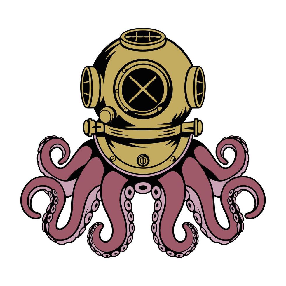 Vintage Octopus with Diver Helmet Illustration vector