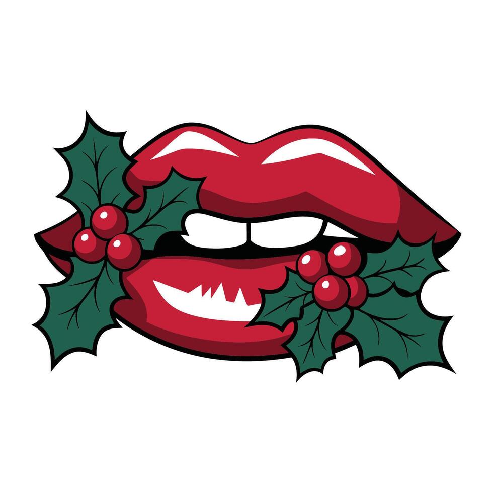 Festive Glossy Lips with Holly Berries Illustration vector