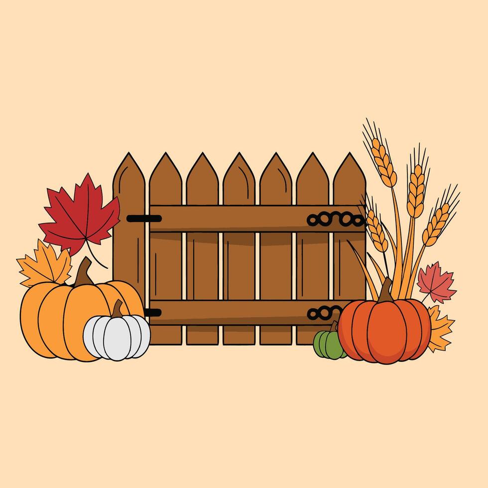 Autumn Fence with Pumpkins and Fall Leaves Illustration vector