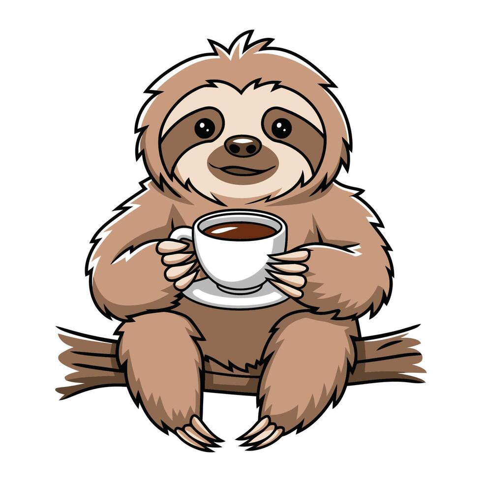 Cute Cartoon Sloth Enjoying Coffee on Tree Branch vector