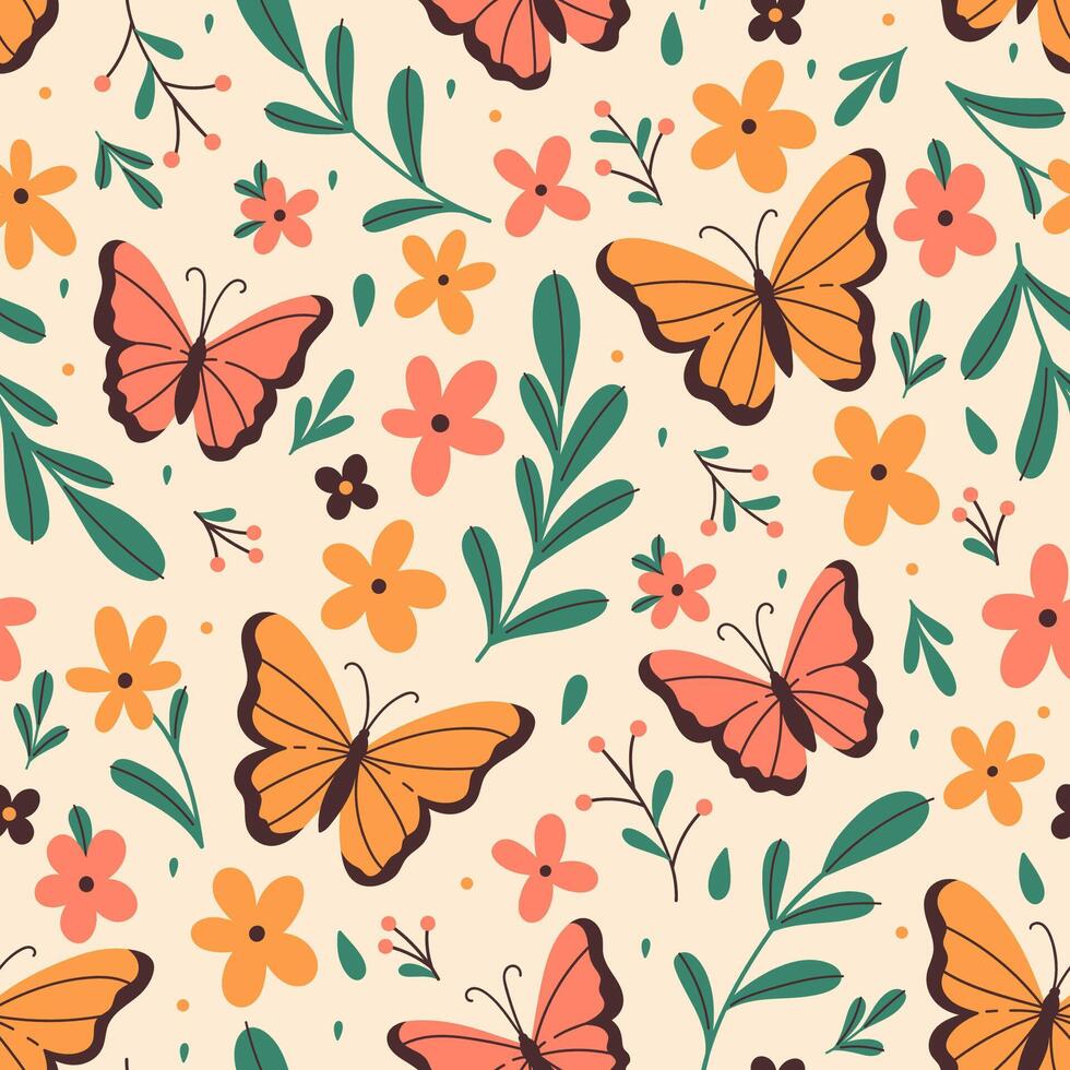 Seamless pattern with butterflies, flowers and leaves. graphics. vector