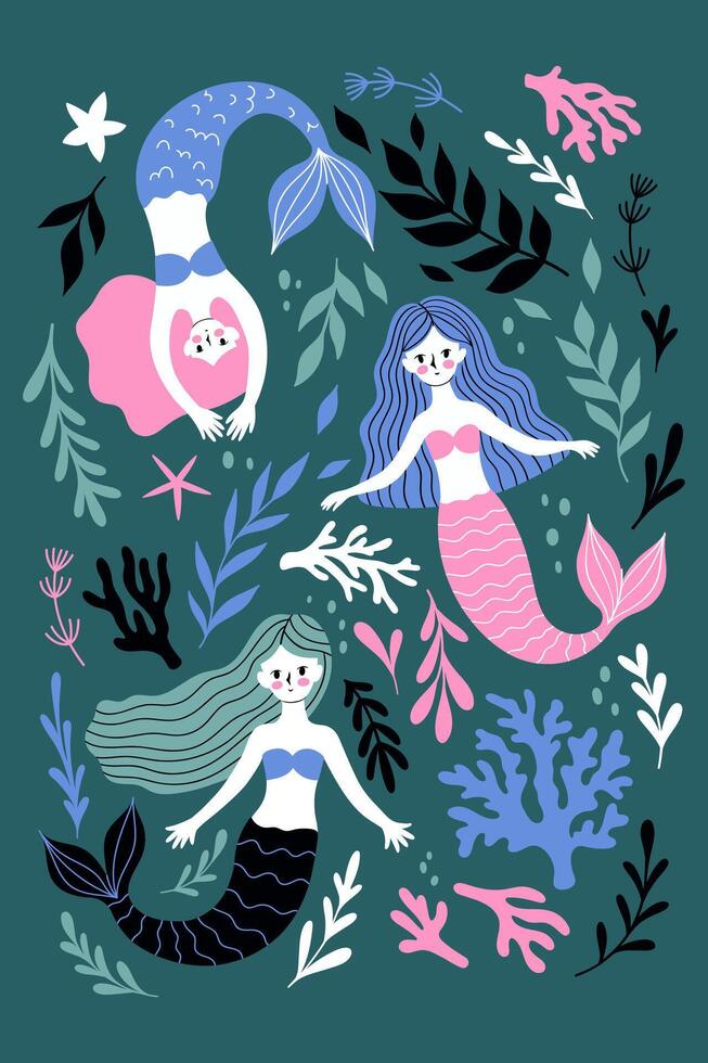 Postcard or poster with cute mermaids, corals and seaweed. graphics. vector