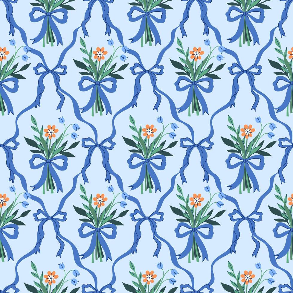 Seamless pattern with bouquets of flowers and blue ribbons. graphics. vector