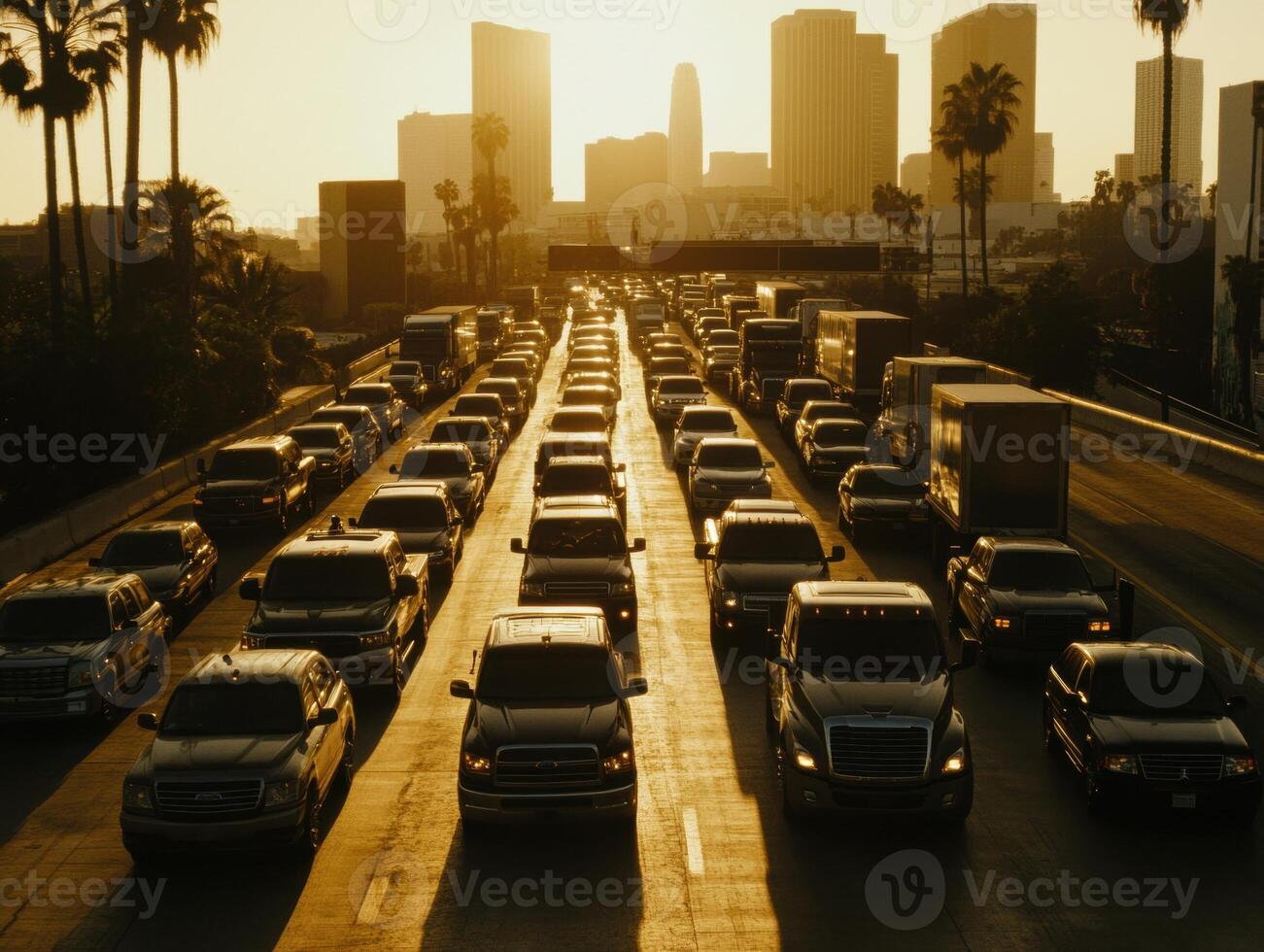 Heavy traffic congestion at golden hour in los angeles photo