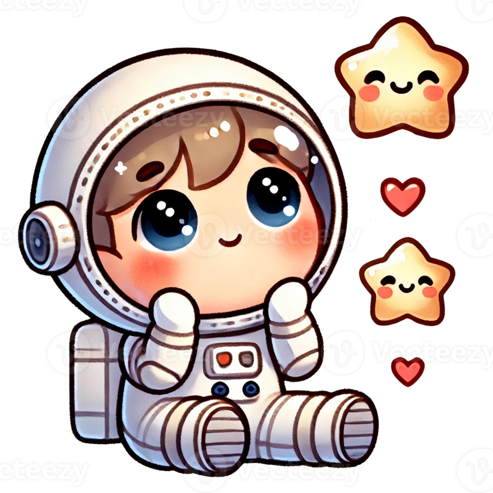 A cute astronaut character filled with wonder, gazing at twinkling stars in space. png