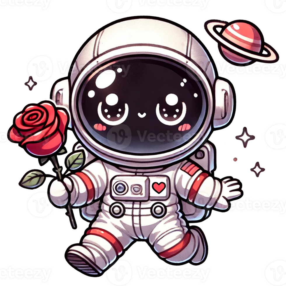 Cute cartoon astronaut holding a rose in space, symbolizing love and exploration. png