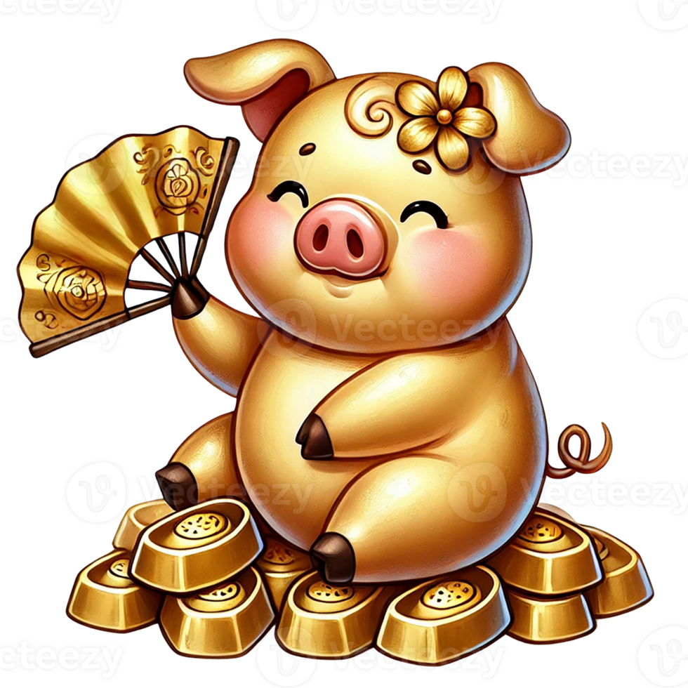 Charming cartoon pig with gold coins and a decorative fan. Chinese New Year theme png