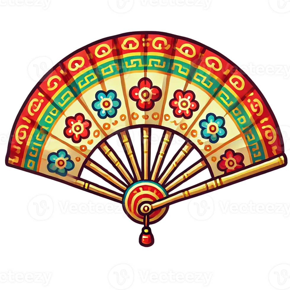 Vibrant decorative fan with floral patterns and intricate designs. Happy Chinese New Year png