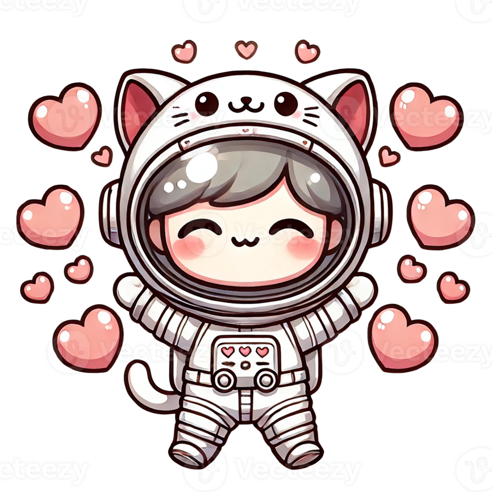 Cute astronaut character with cat ears surrounded by floating hearts. png