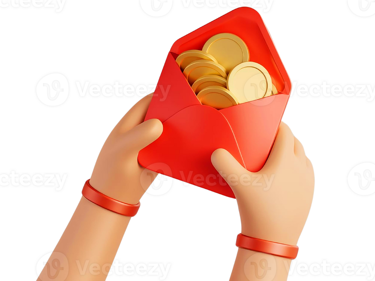 Hands holding a red envelope filled with golden coins. png
