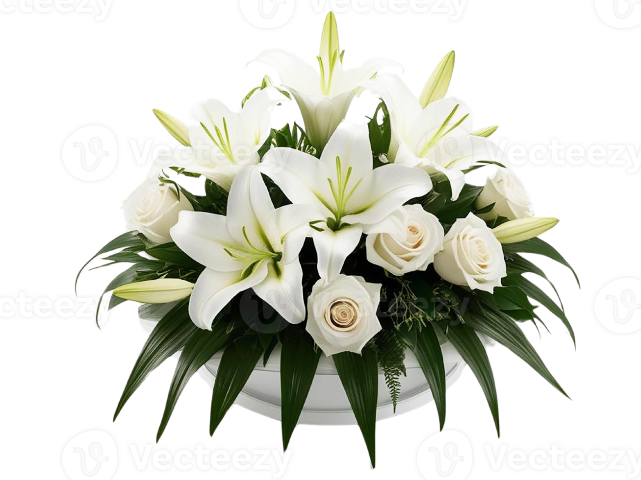 Elegant floral arrangement of white lilies and roses on display. png