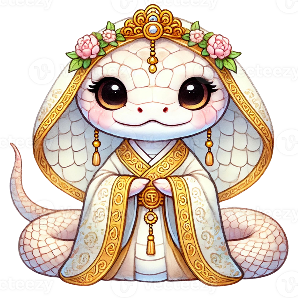 A charming illustration of a wise snake adorned in royal attire and flowers, symbolizing peace. Year of the Snake. png