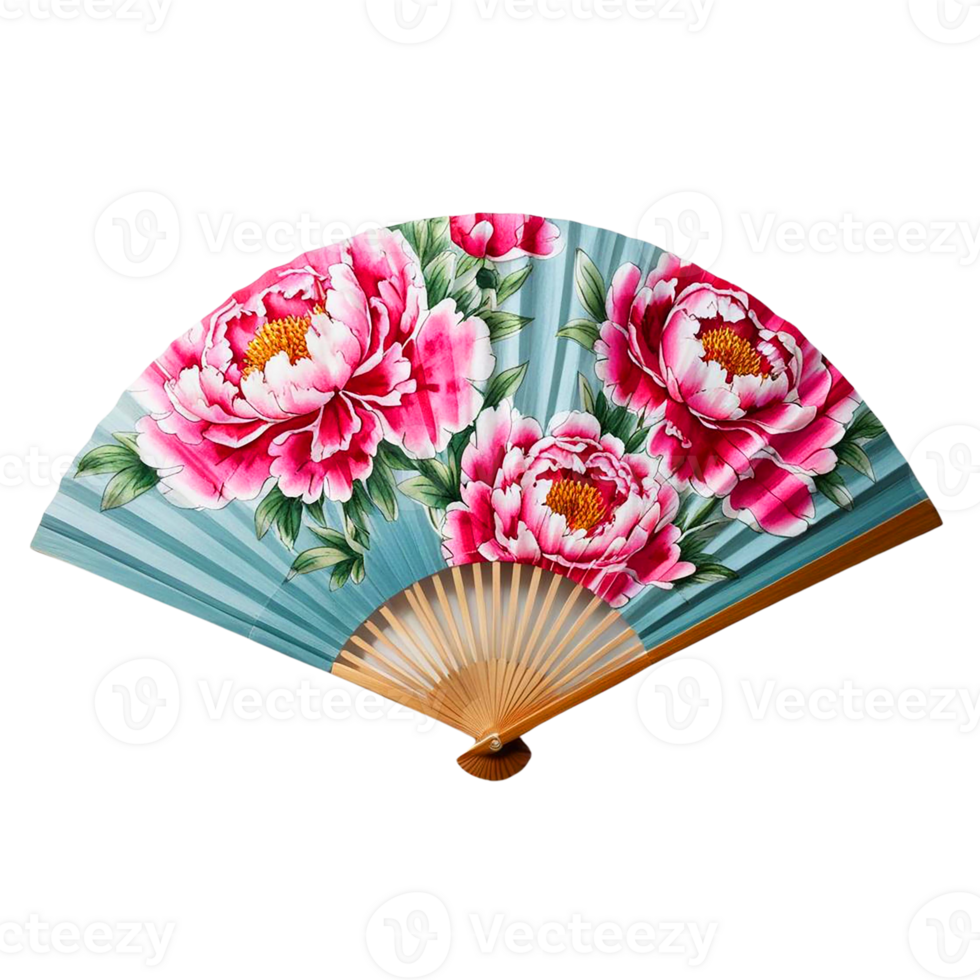 Elegant hand-painted fan featuring vibrant floral designs. png