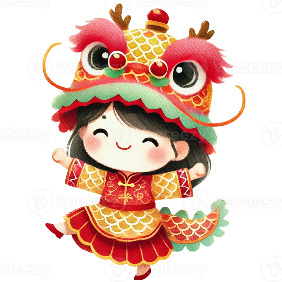Child celebrating in a colorful dragon costume, joyful expression, Chinese New Year png