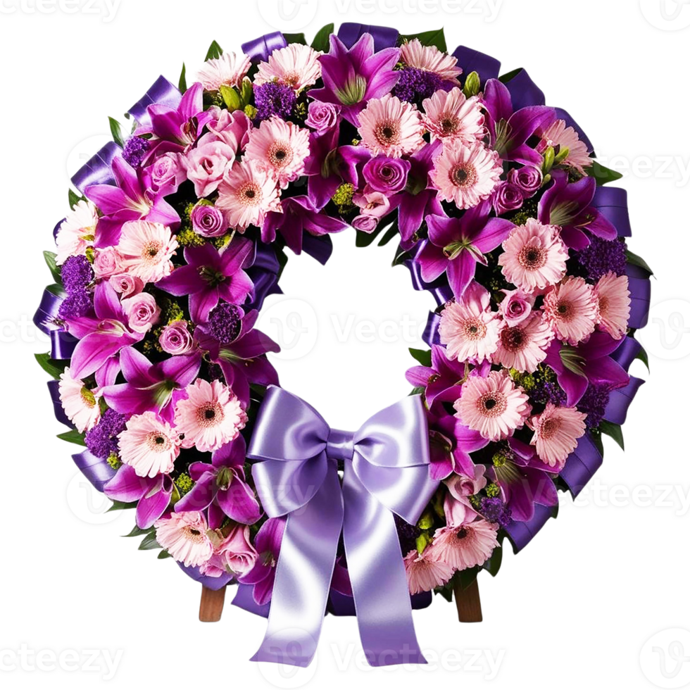 A colorful floral wreath adorned with vibrant blooms and ribbons. png
