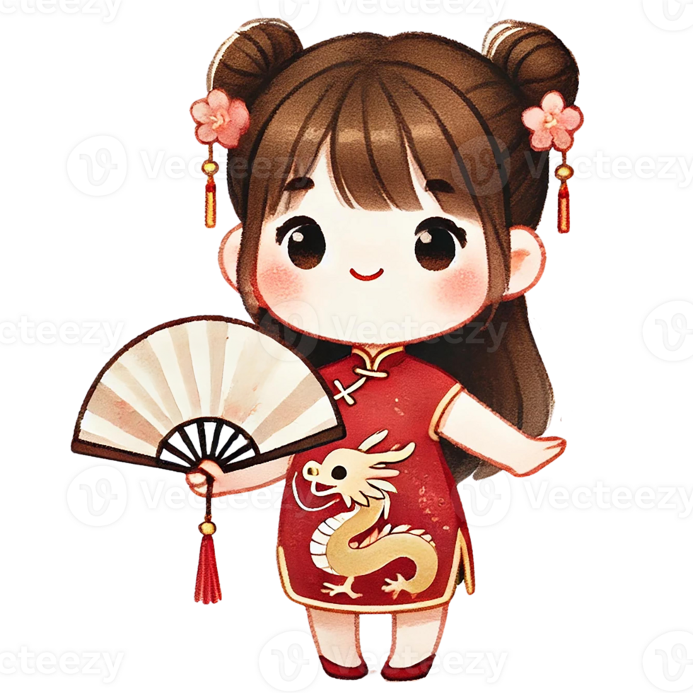Cute girl in traditional dress holding a fan, Chinese New Year png
