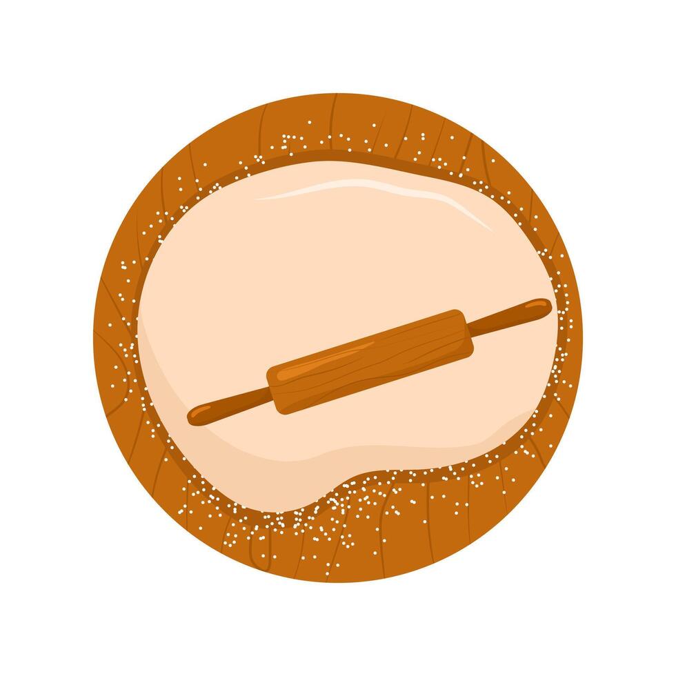Rolled dough and rolling pin. Preparation homemade pizza. Top view. Stay home and cook healthy food by recipe. illustration in flat cartoon style vector