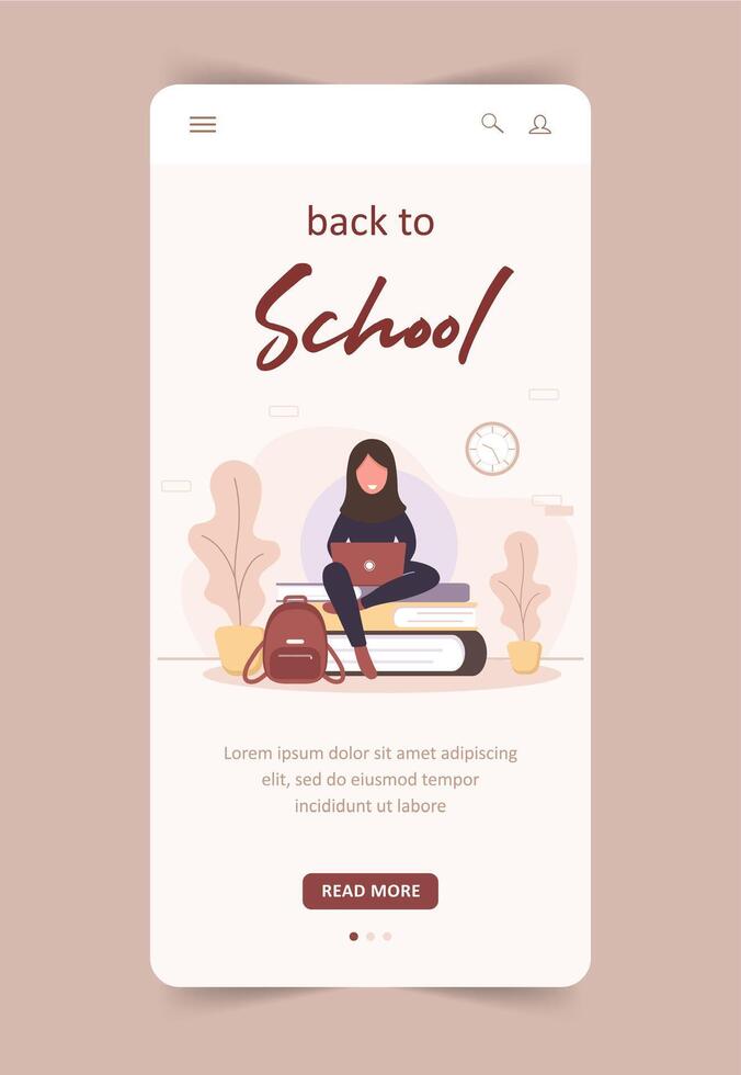 Back to school concept landing page. Arab girl with laptop. Smart students. Women cartoon character. Mobile template. Modern illustration in flat style. vector