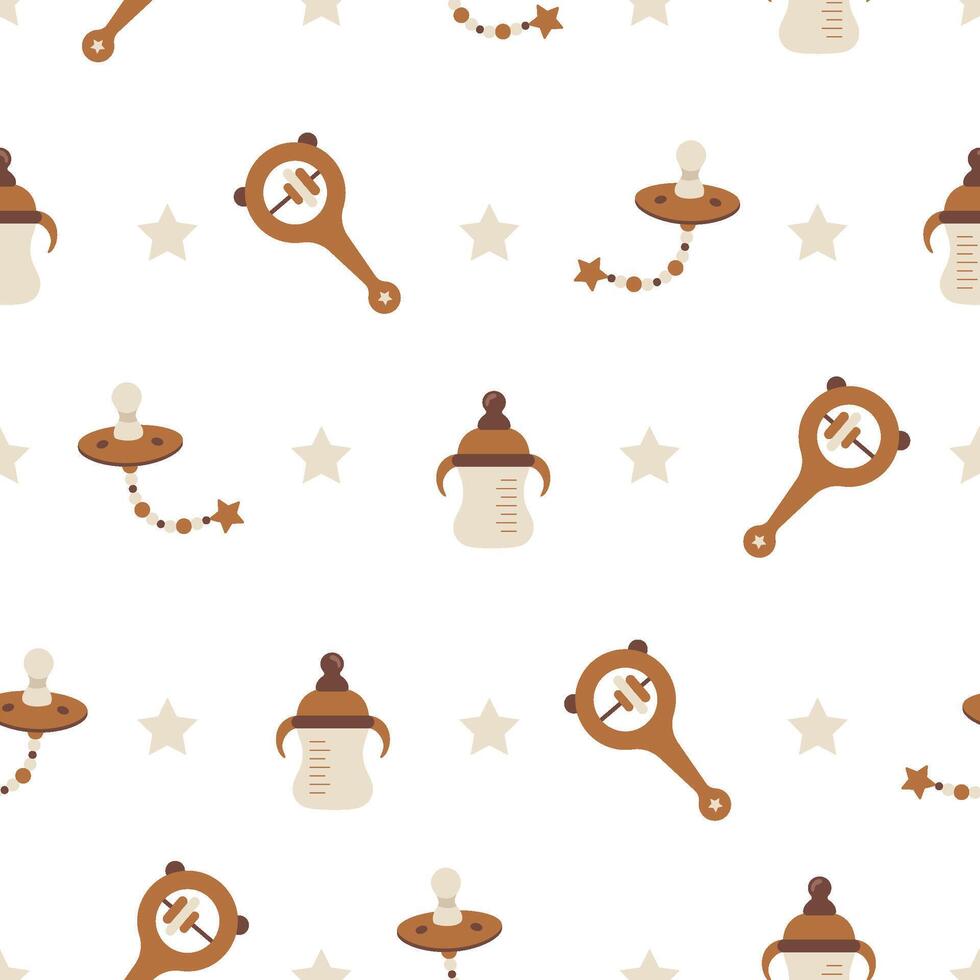 Seamless pattern with boho baby objects. Vintage wooden toys for children. Hand drawn elements for nursery textile, wrapping paper, postcards. illustration in flat cartoon style vector