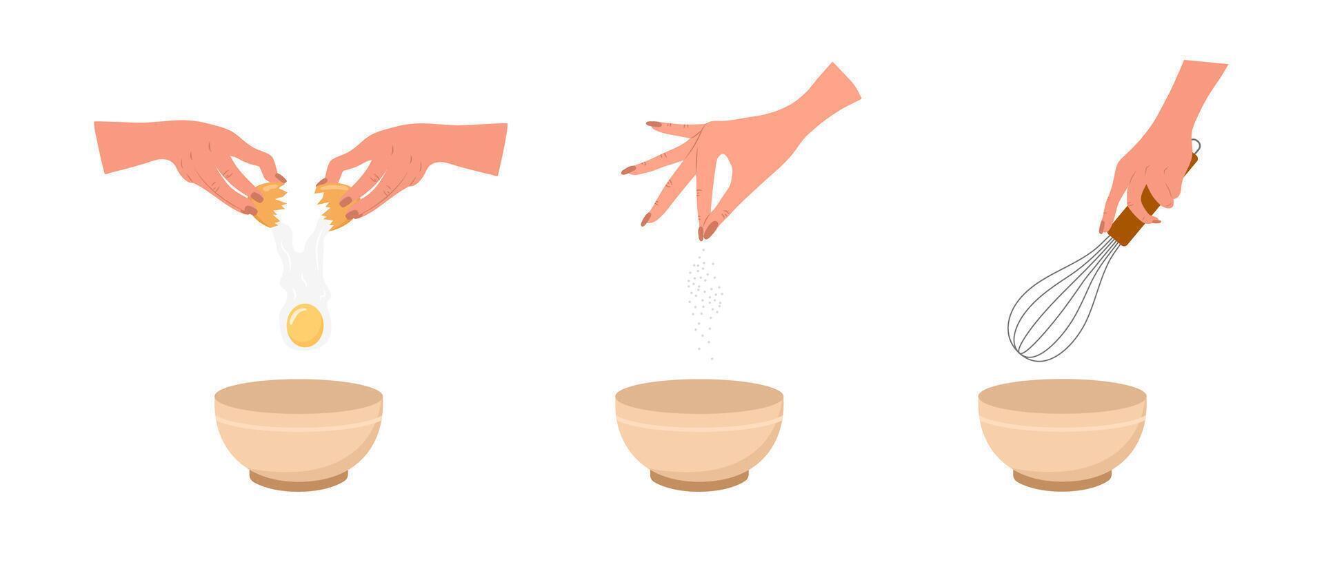 Kneading dough hands. Woman mixing ingredients in bowl. Homemade pasta or bread. Top view. Stay home and cook healthy food by recipe. illustration in flat cartoon style vector