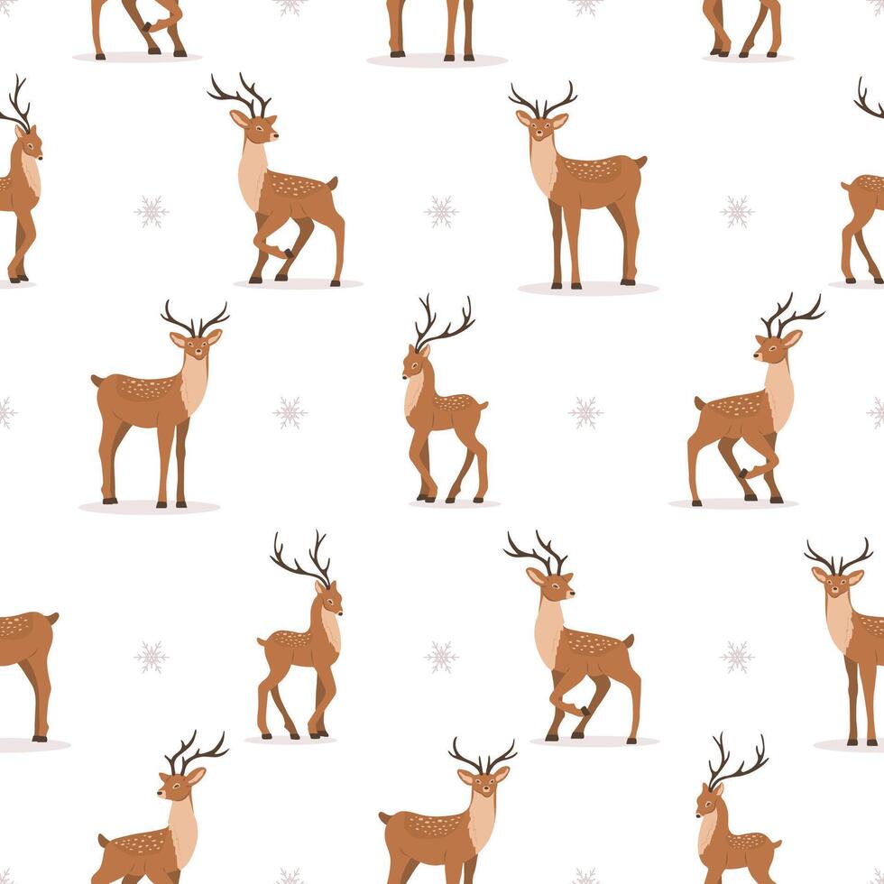 Cute seamless pattern with noble sika deer. Reindeers with antlers in different poses. Ruminant mammal animal. illustration in flat cartoon style vector