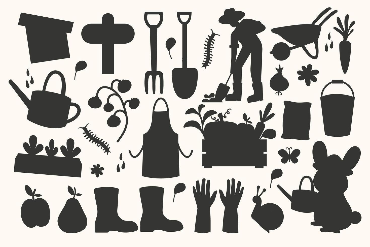 Collection silhouette gardening cute elements vector