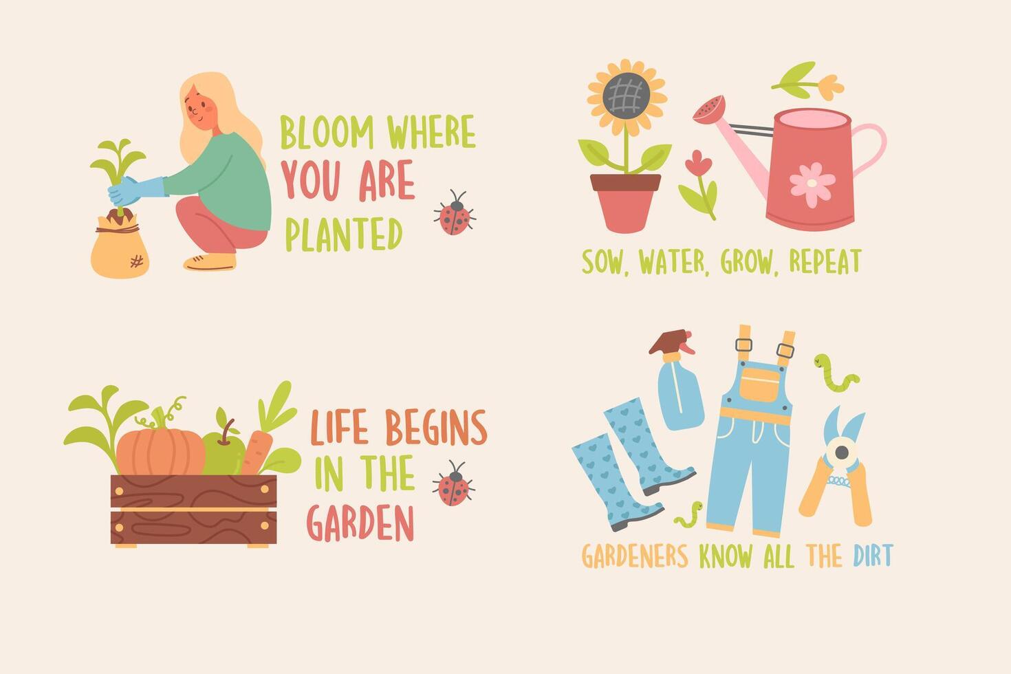 Collection gardening elements badge, label design with lettering vector