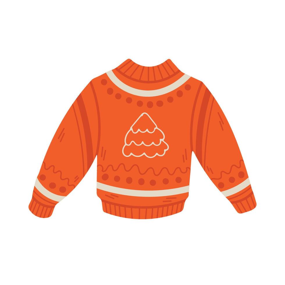 Red Christmas ugly sweater or jumper with decorative ornament. Knitted woolen warm clothing pullover. Hand drawn illustration in flat style. vector