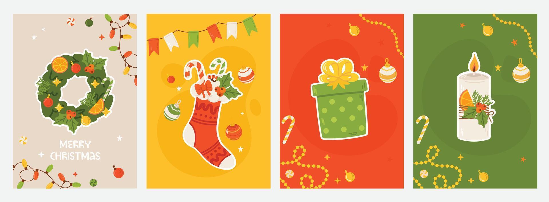 Merry Christmas greeting card with door wreath design, gift box, sock and candle. Flat illustration. Happy New year banner vector