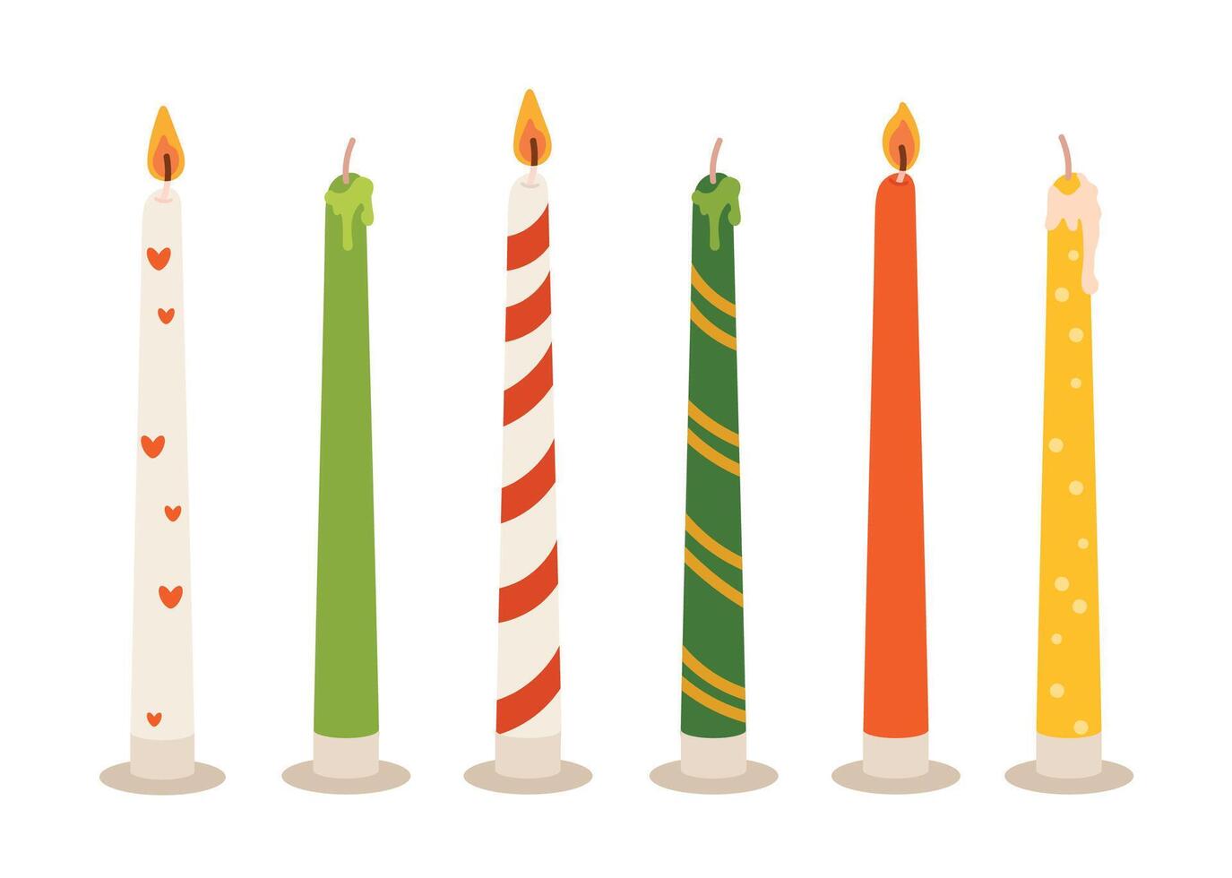 Various Candles set. Different color and sizes. Decorative wax candles for relax and spa. Hand drawn set vector