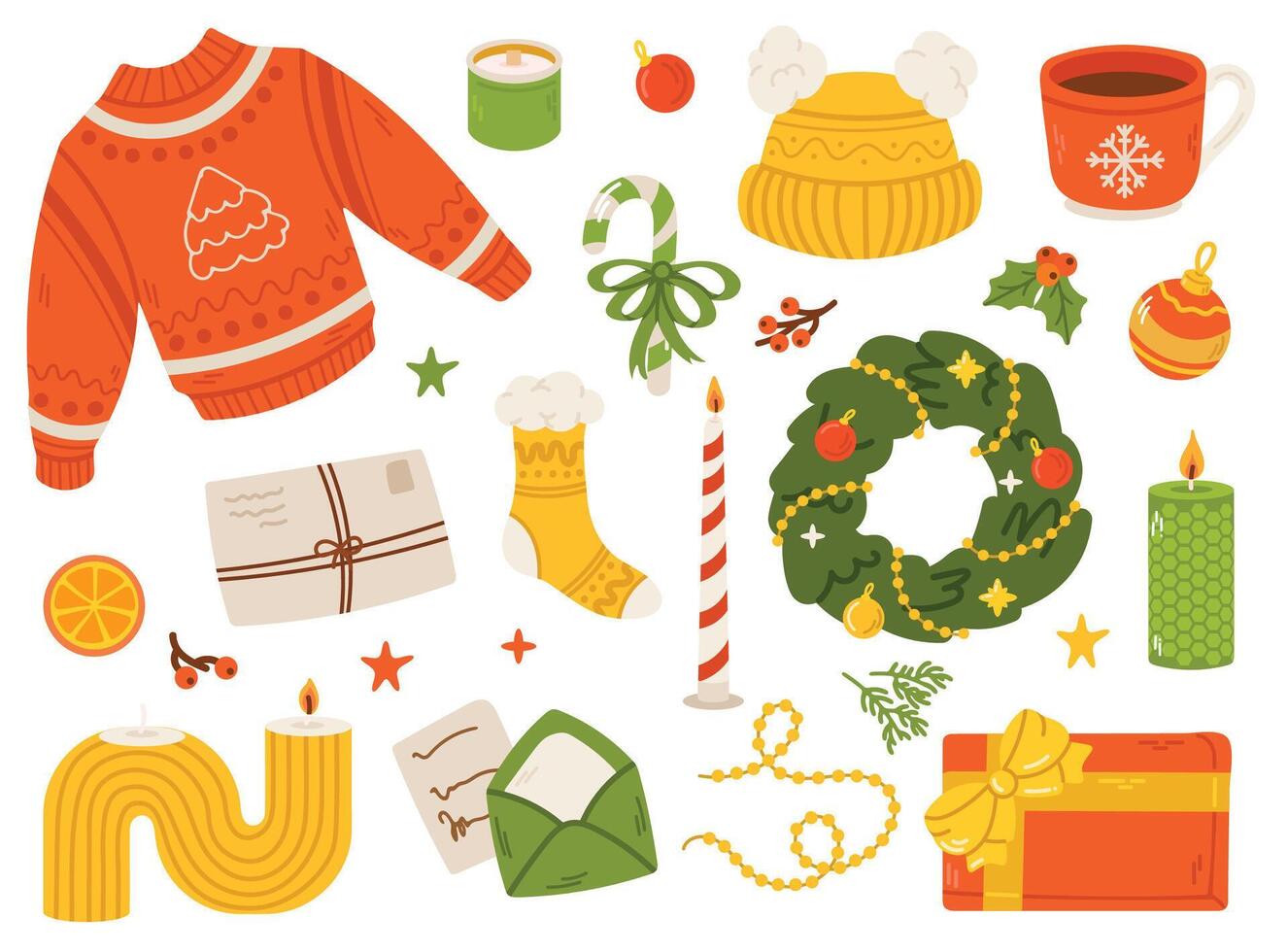 Hygge Christmas elements set. Cute winter collection. Illustration of christmas present, garland, warm knitted sweater, decor, envelope and candle vector