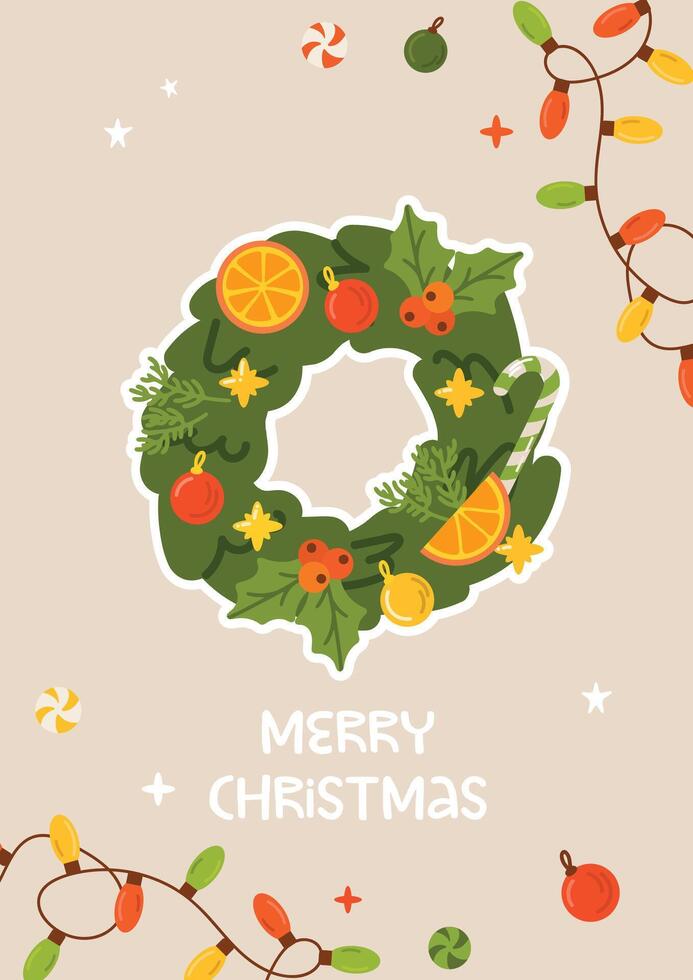 Merry Christmas greeting card with door wreath design. Flat illustration. New year banner vector