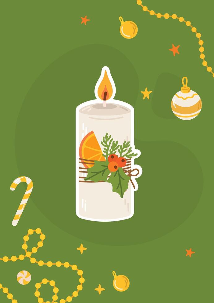 Merry Christmas greeting card with decorative candle. Flat illustration. New year banner vector