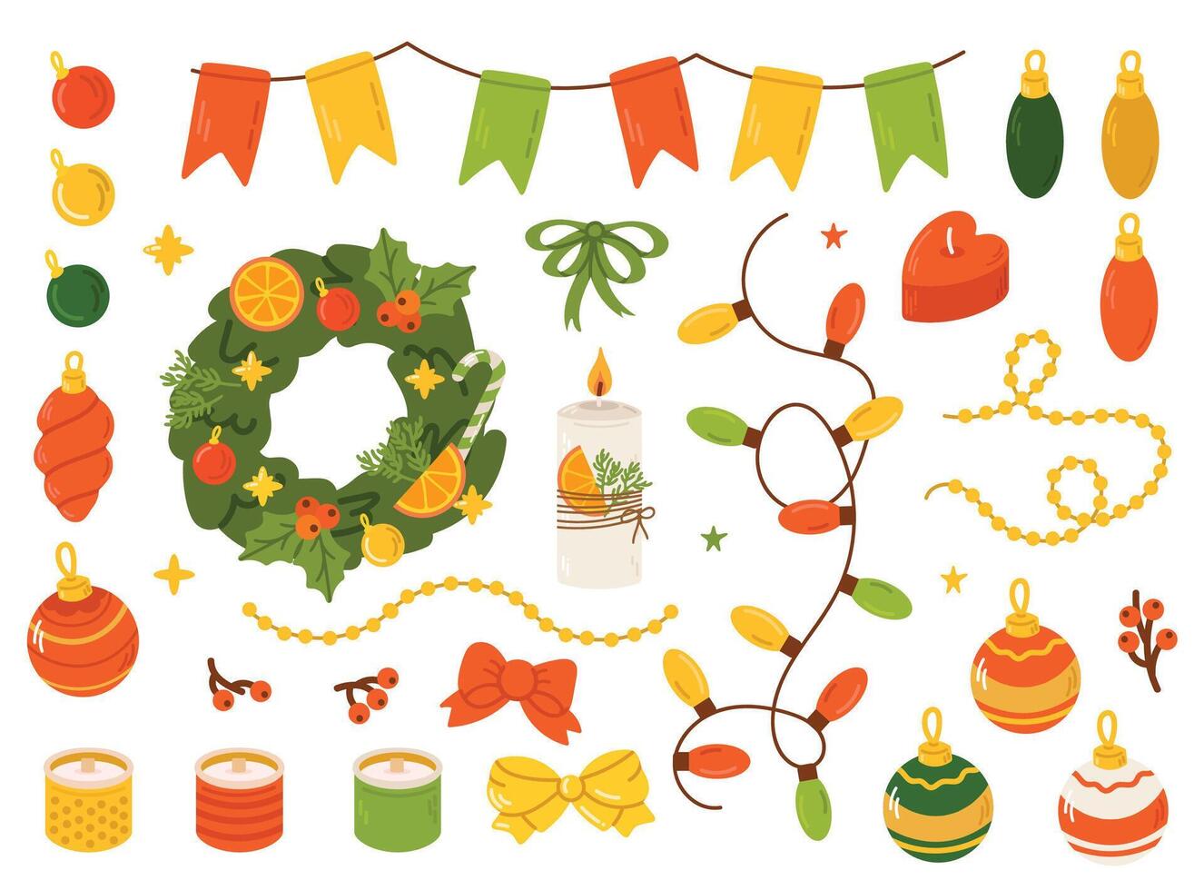 Various Christmas elements set. Cute and cozy winter collection. Illustration of christmas present, garland, warm knitted sweater, decor, envelope and candle vector