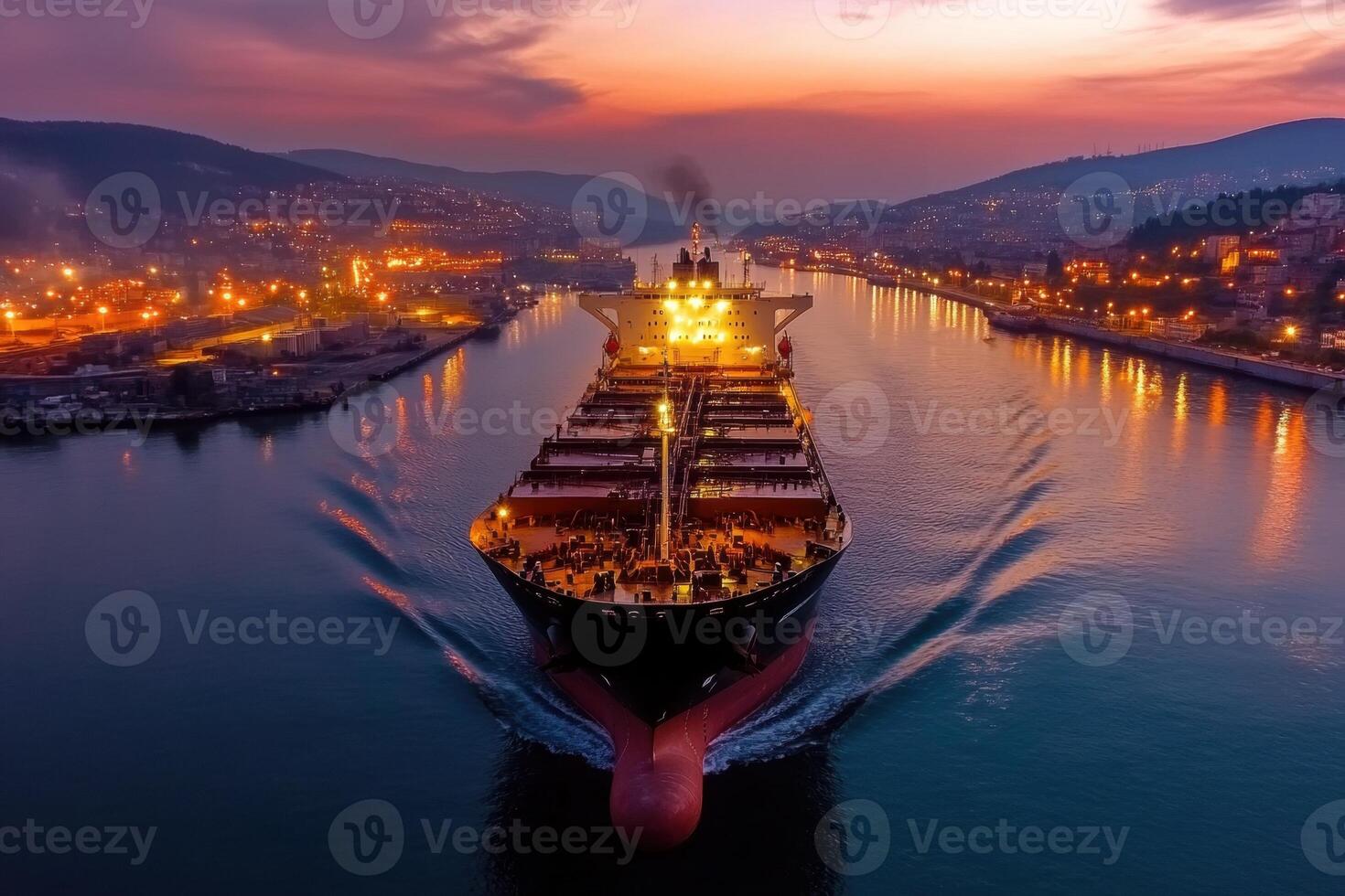Large container ship leaving industrial port at sunset photo