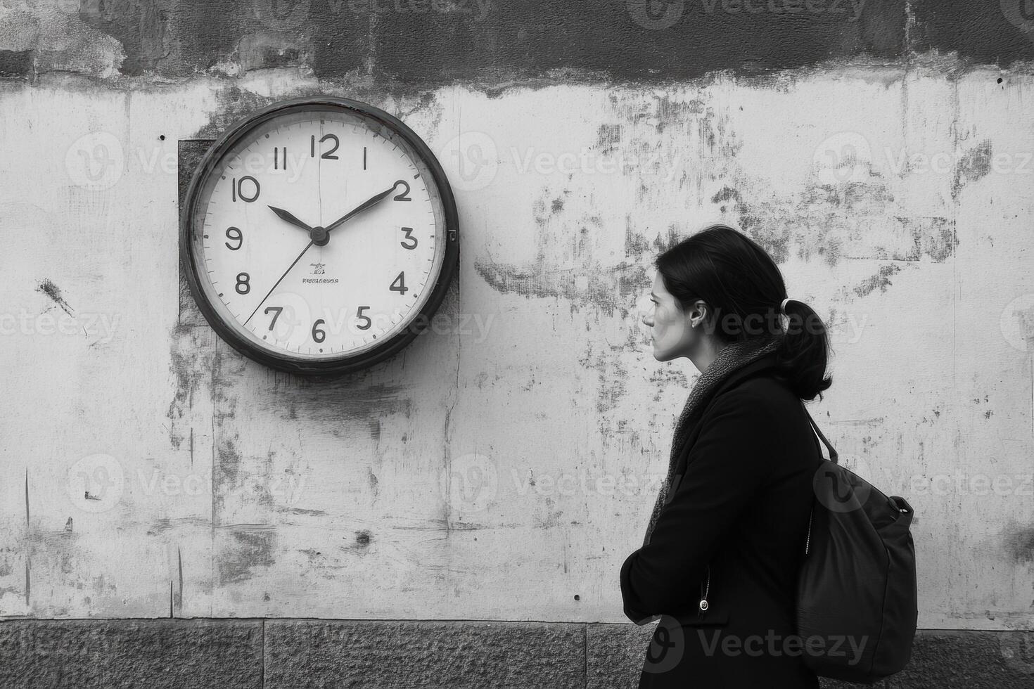 Businesswoman checking the time on a large clock on a weathered wall photo